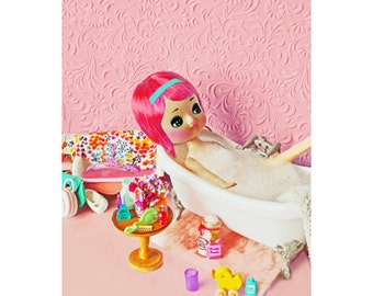 pose doll bathroom print 5 x 7 SOAKING UP The CUTE