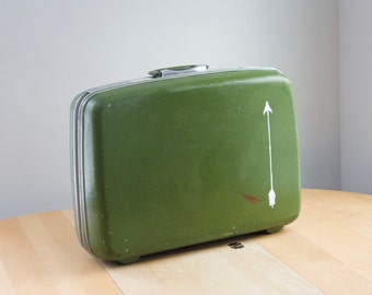 Vintage Suitcase / Hand painted Luggage / Lime Green Arrow