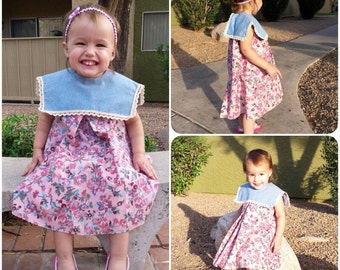 SALE Pretty in Pink Shabby Chic Toddler Dress Yoke Collar in Roses and Crocheted Lace Trim SZ 2t 3t