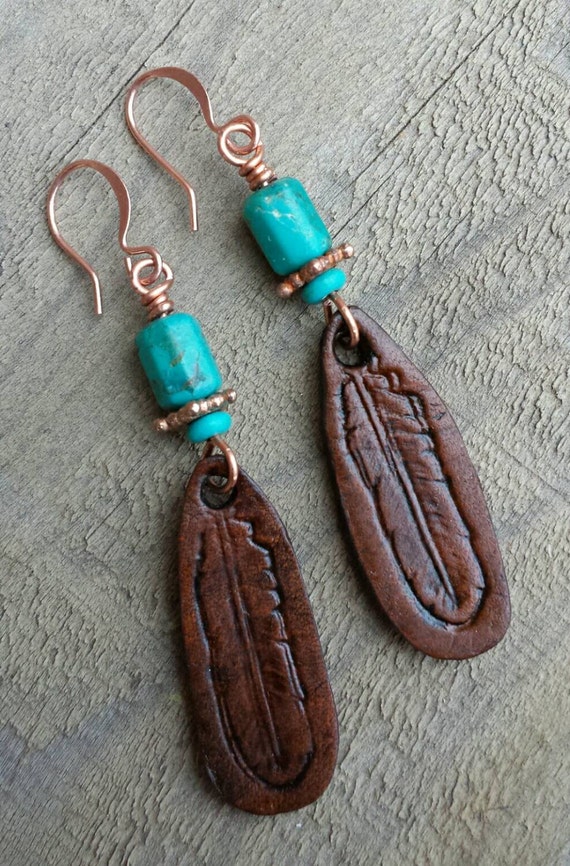 Hand Tooled Leather Earrings Feather Earrings Dark Brown