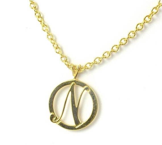 Initial Necklace, Letter N Necklace,Small Gold Round Initial N Necklace