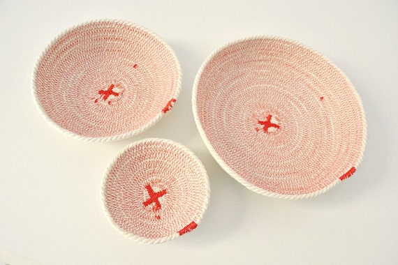 Desk organizer cotton basket or home organizer keys, ring holder red and white, Great Coiled bowl for a beach decor. Set of cotton bowls.
