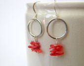 Red coral and hand hammered sterling silver hoop earrings, dangle, modern, boho, fresh simple, handmade, metalsmith, gift  - ready to ship