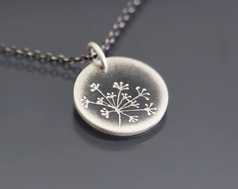 Tiny Queen Anne's Lace Necklace, Etched Sterling Silver Pendant, dainty necklace, botanical jewelry, minimalist jewelry
