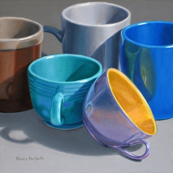 Coffee Cups 8x8 original oil painting realistic still life by