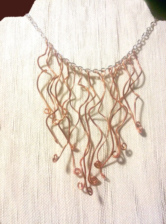 Wire Vine Bib Necklace on Silver Chain with Reclaimed Copper