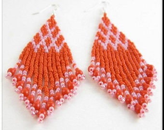 Native American Style Beadwork Dangle Chandelier Seed Bead Earrings in Pink and Red