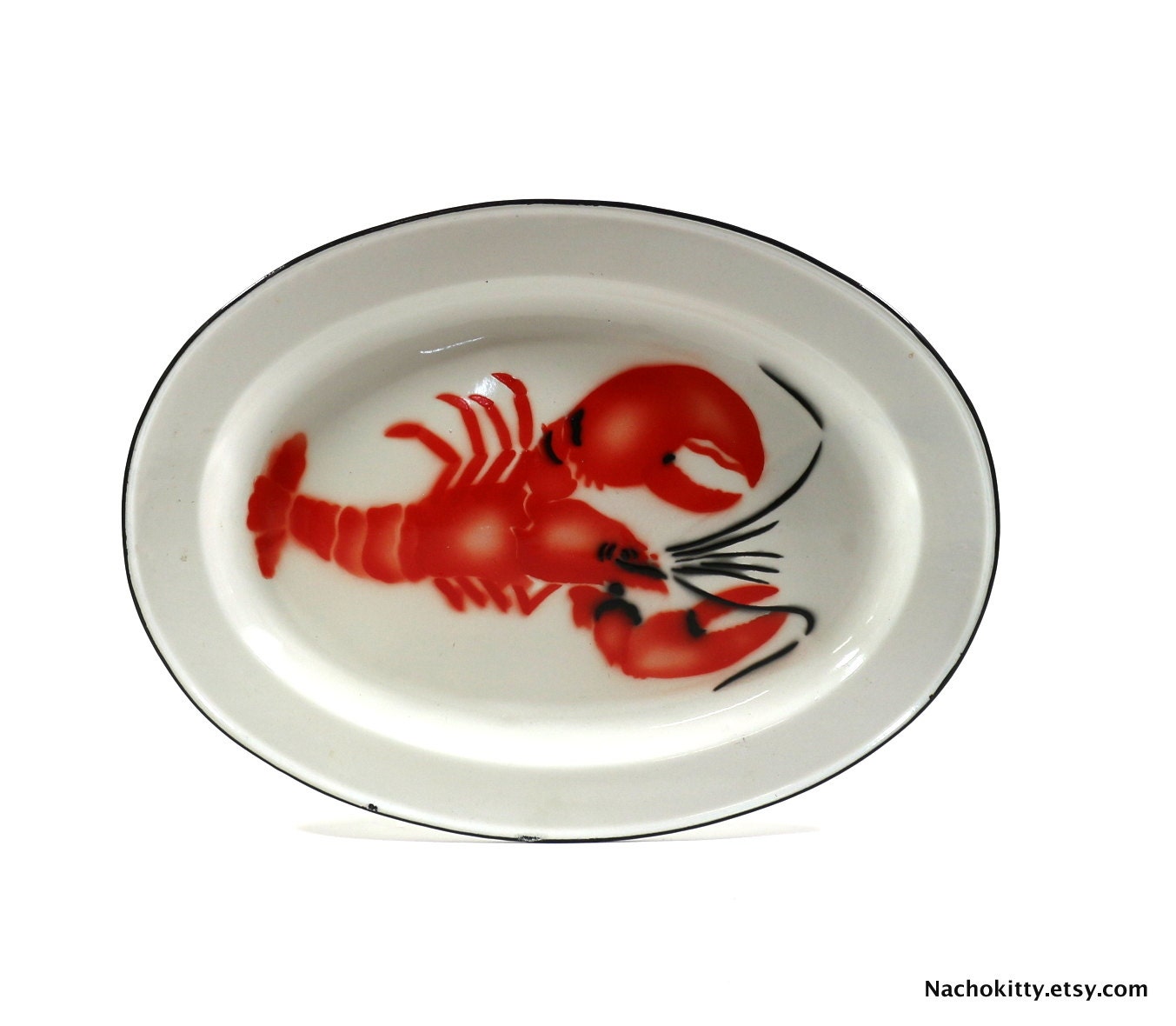 1940s Lobster Enamel Serving Platter, Large Vintage Metal Tray Haute