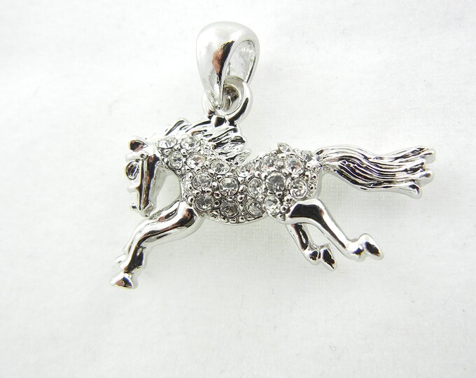 Silver-tone Rhinestone Running Horse Charm Pendant