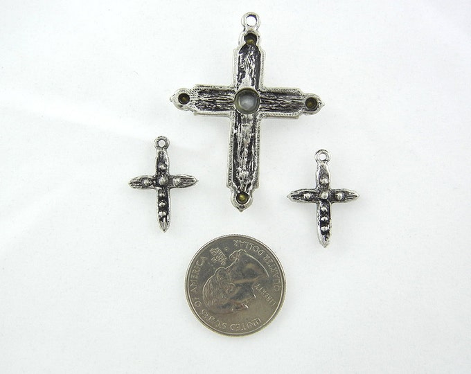 Set of Antique Silver-tone Rhinestone Cross Pendant and Matching Charms Jewelry Supplies