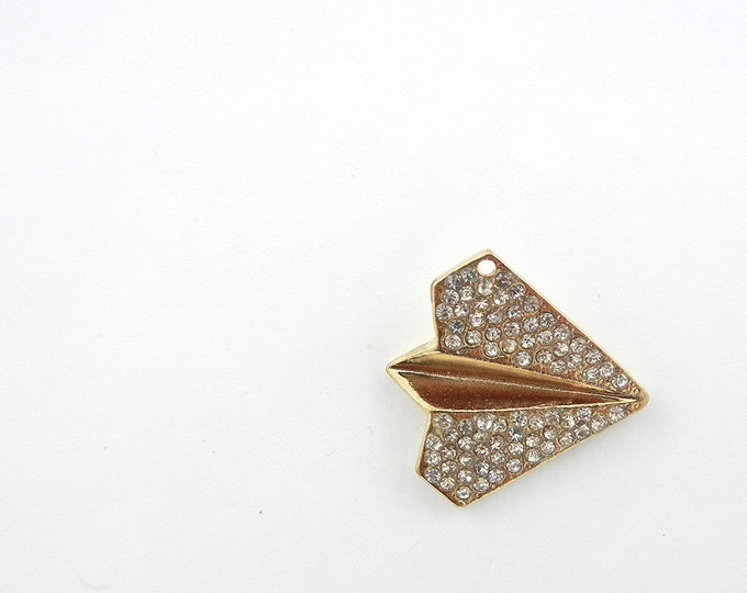 Gold-tone Paper Plane Charm Pendant Rhinestone Encrusted