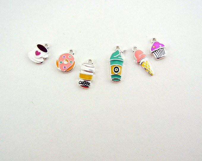 Set of 6 Dessert Themed Epoxy Charms Silver-tone