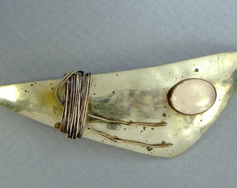 MODERNE STERLING BROOCH Rose Quartz Cabochon Handcrafted Abstract Triangular Sterling app 4 in long by 2 inch wide in