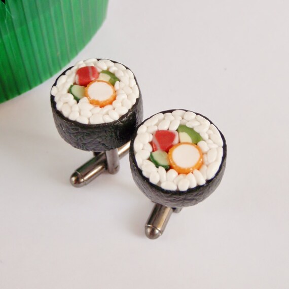I Love Sushi Cufflinks - Miniature Food Art Jewelry Collectable - Schickie Mickie Original 100% handmade