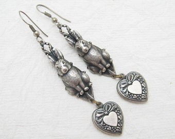 Long Earrings Sterling Heart Bunny Rabbit Jewelry E6336