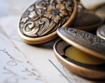 Floral Tapestry Natural Perfume Locket with Antique finish, Romantic engraved pendant, Boho Victorian Locket, Antique Brass Long Necklace