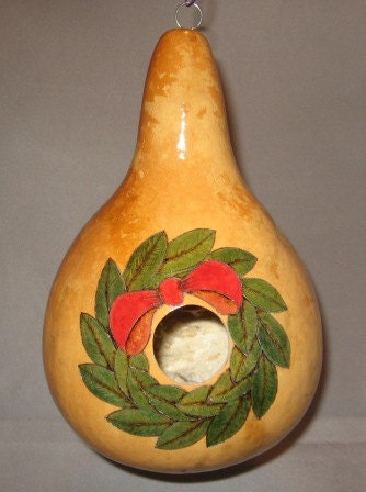 Christmas Wreath Gourd Birdhouse with Colorful Green Wreath and Red Ribbon-Marine Grade Varnish- metal hanger