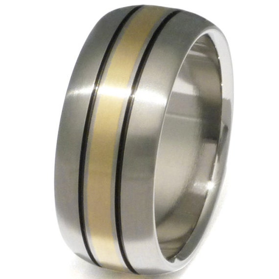 Gold Titanium Wedding Ring - Black Stripes and Gold Inlay Ring - g13