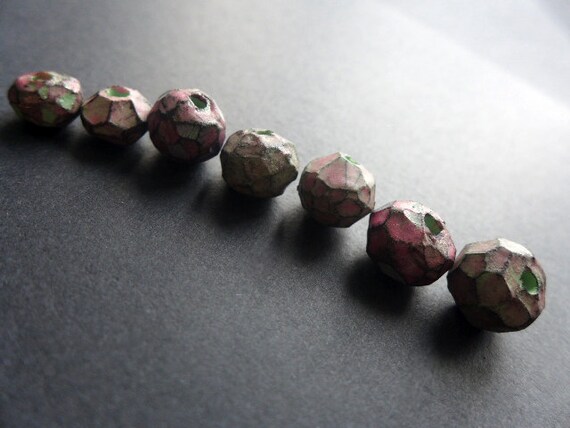 Little Chunky Babies. Pink and green chunky faceted polymer beads. Graduated set of 7.
