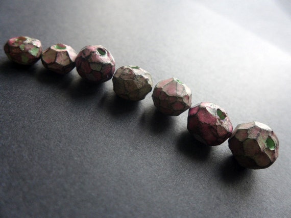 Little Chunky Babies. Pink and green chunky faceted polymer beads. Graduated set of 7.