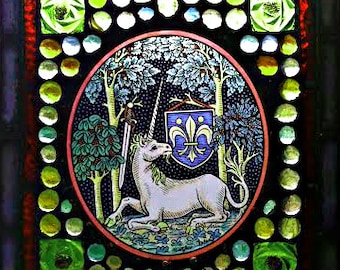 Small Medieval Style Mosaic Stained Glass Unicorn Window