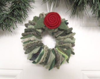 Christmas Wreath Ornament in Shades of Green Handmade from Felted Wool Sweaters (no.207)