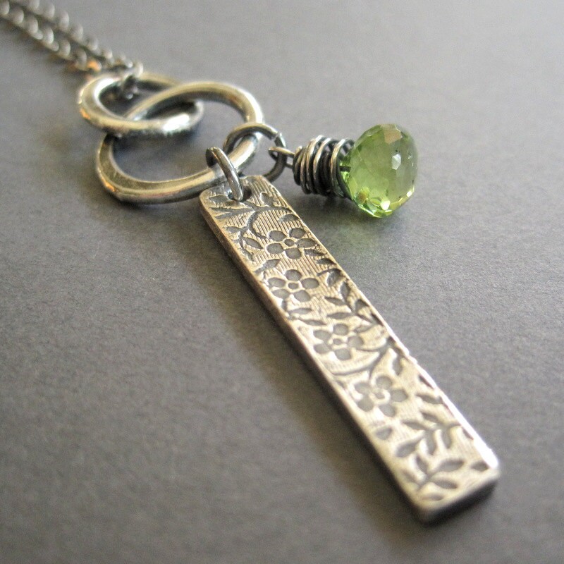 Peridot Necklace Fine Silver Flower Bar August Gemstone