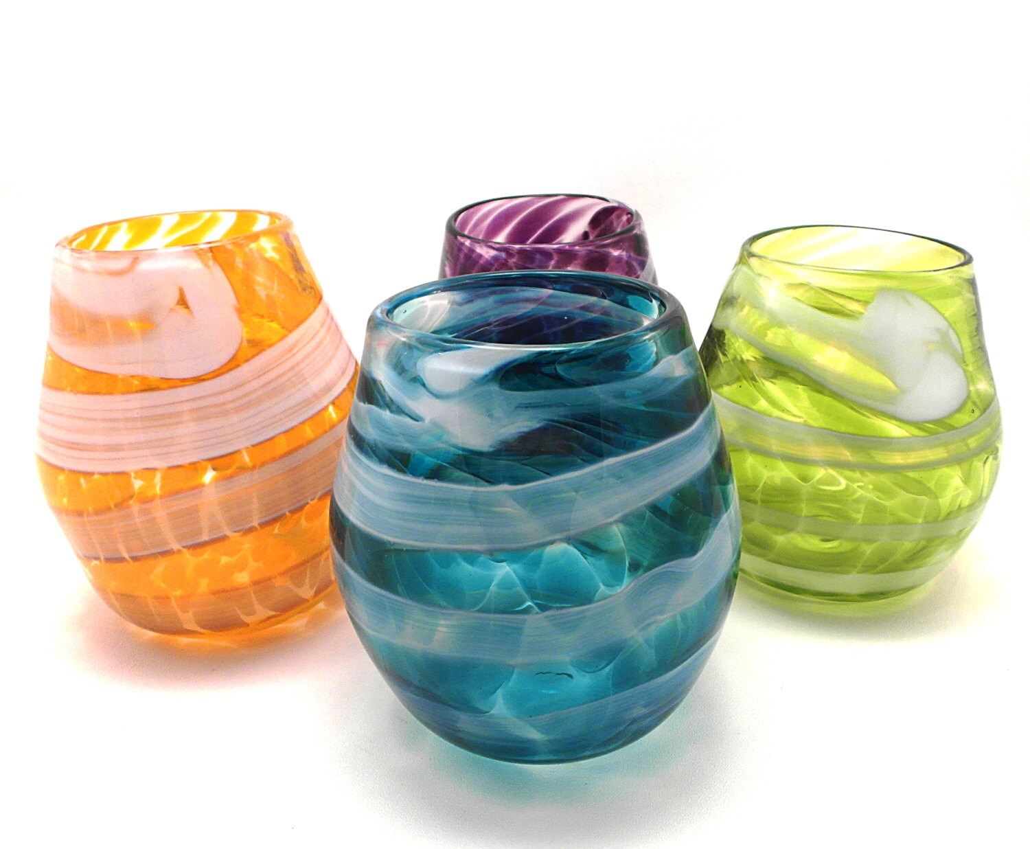 Set of 4 Stemless Wine Glasses in Teal Blue Olive Green