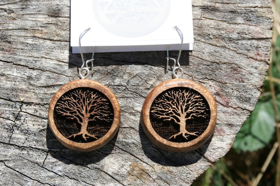 Wood Tree of Life Earrings- in Oregon Myrtlewood (MOD 18)- Wooden Jewelry, Boho Jewelry