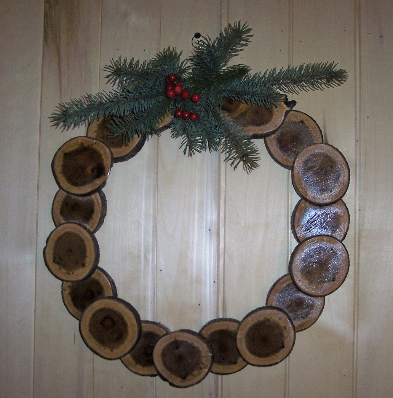 box elder tree wood sliced log rounds wreath with pine bough