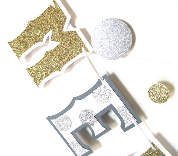 MERRY CHRiSTMAS Banner or Christmas Tree Garland - Gold Glitter and Silver Glitter Polka Dots Il_570xn