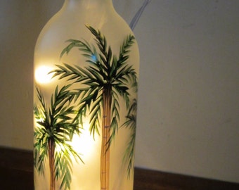 Hand Painted Frosted Palm Tree Lighted Wine Bottle Lighted Lantern Bar Light Night Light
