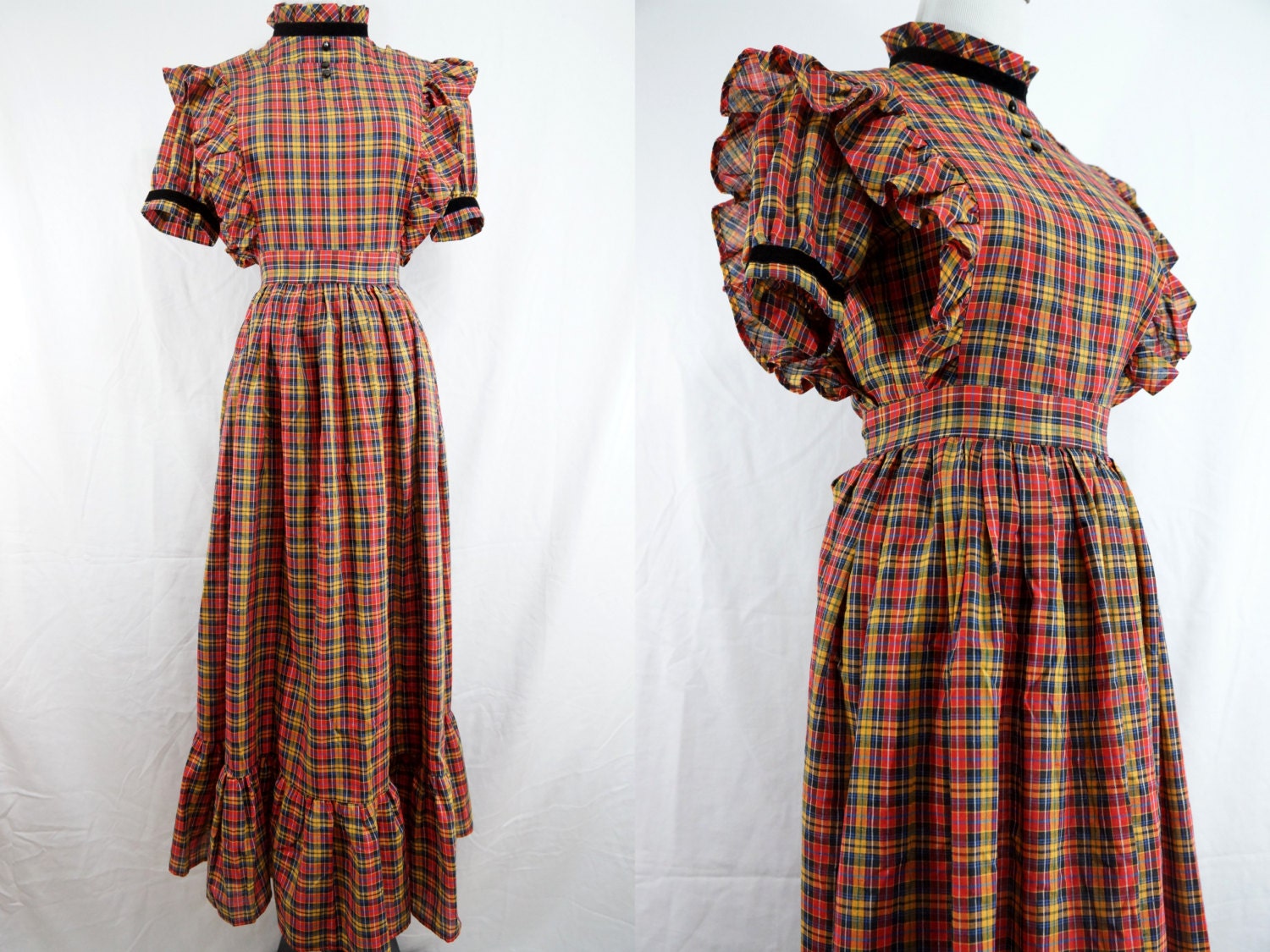 1960s Plaid Maxi Pinafore Dress Shirtwaist Apron Ruffled Two