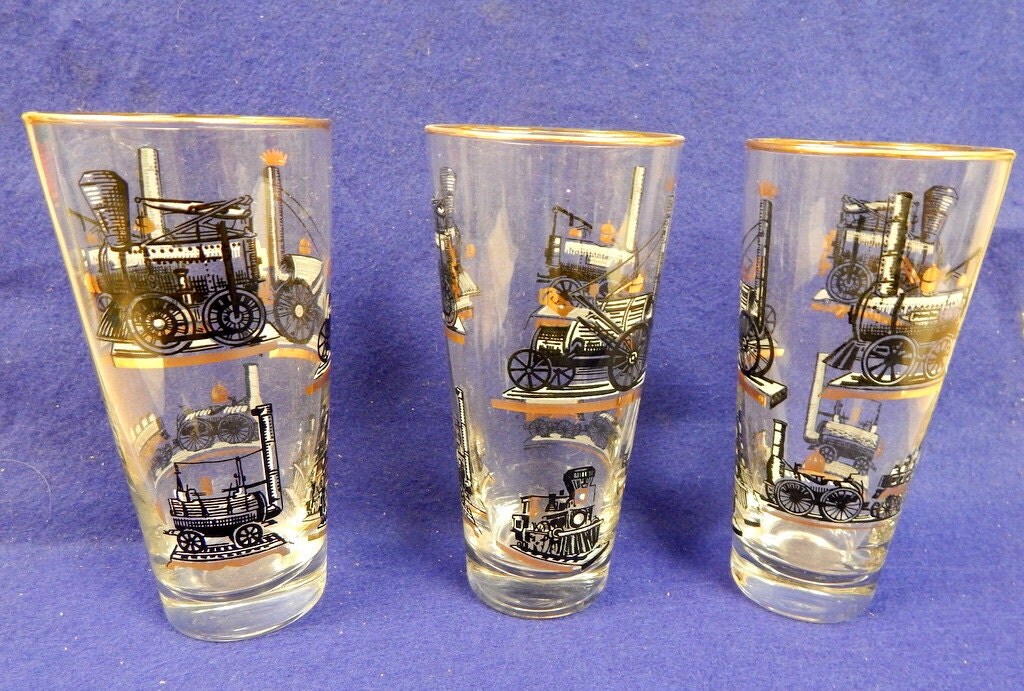 Train Engine Drinking Glasses Set of 3 / 1953 / Libby