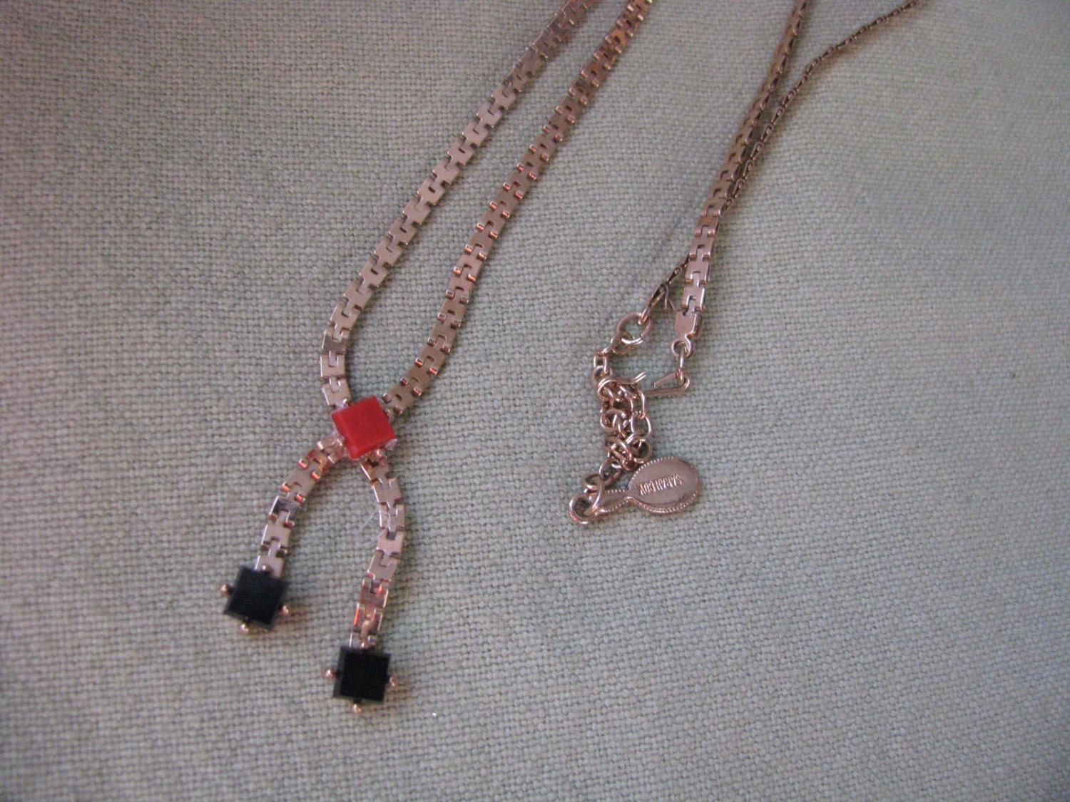 Gold tone MAGIC SPELL necklace with red black squares vintage