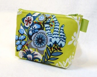 CLEARANCE SALE Floral Pouch Anna Marie Horner Fabric Cosmetic Bag Zipper Gadget Pouch Makeup Bag Cotton Zip Pouch Blue Chartreuse Green