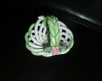 Basket- White Weave Ceramic Basket ~ Made in Spain~ Open Weave with Pink Flowers