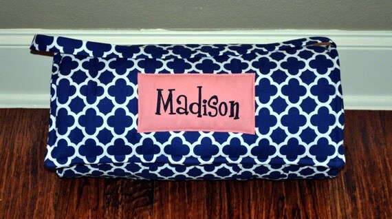 Nap Mat - Monogrammed Navy Quatrefoil Nap Mat with a Minky Dot Blanket - You Choose the Blanket Color