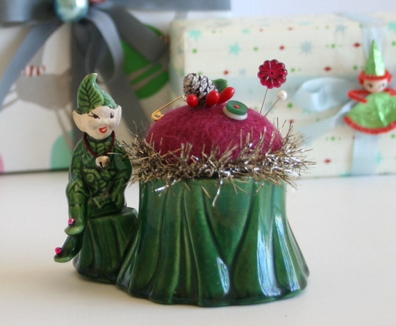 Vintage Pottery Christmas Elf Planter Pincushion