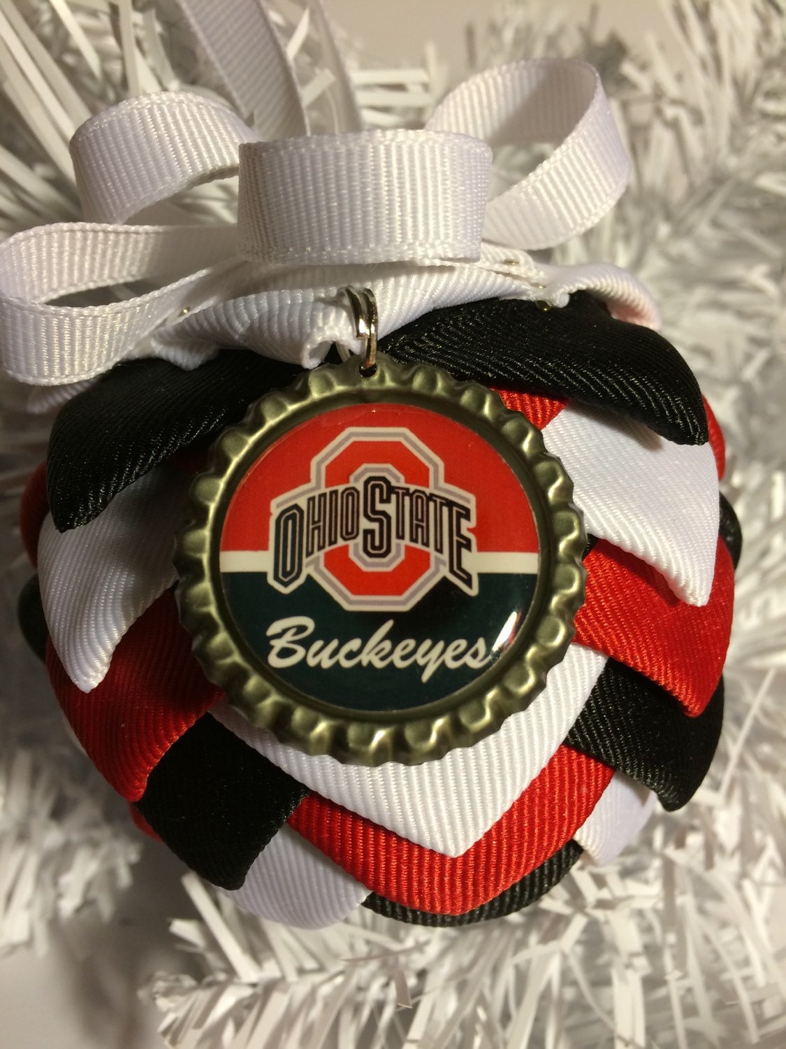 Ohio buckeyes inspired folded Christmas ornament with bottle cap charm 