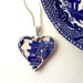 Broken china jewelry heart shaped necklace pendant antique blue willow tree and pagoda