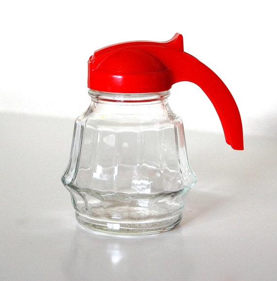 Vintage Syrup Jar Decanter Pitcher Red Lid by SackLunchTime