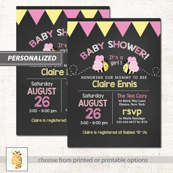 Bumble Bees w/ Pink Heart Shaped Wings Chalkboard Baby Shower Invitation, Printed or Printable Il_570xn