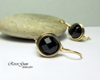 Onyx Earrings, Gold Filled, Medium Gemstone Earrings, Wire Wrapped, Travel Safe, RiverGum Jewellery
