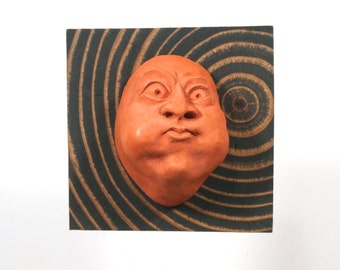 Wall Sculpture, Funny Gift Ideas, Humorous Art, Theatre Mask, Unique Wall Art, Cement Face "Burst" with End-Grain Board, Made in Portland