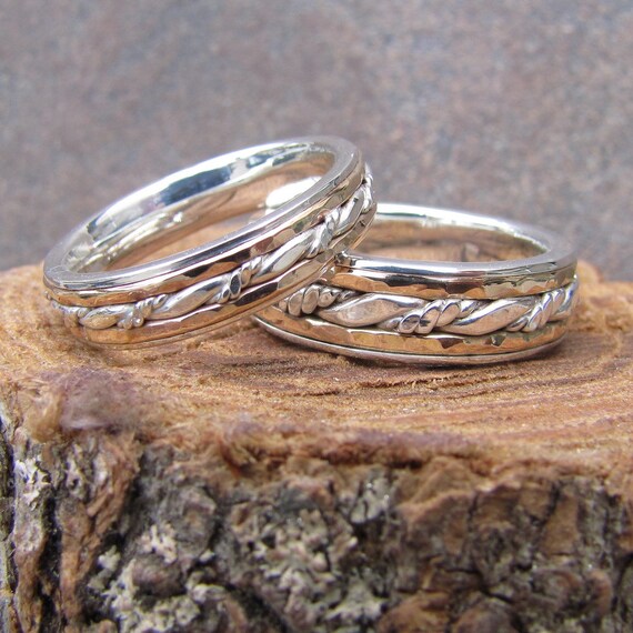 Inlayed Matching Wedding Band Set of Argentium Sterling Silver and 14K ...