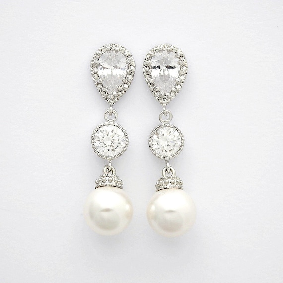 Pearl and Crystal Earrings Bridal Pearl Earrings by poetryjewelry