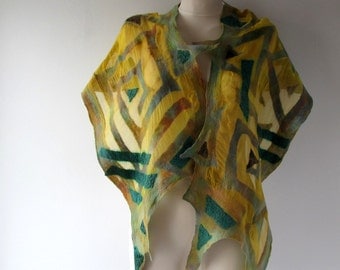 Nuno Felted collar nuno felted scarf Yellow felt scarf Pastel shawlGeometric scarf Silk Wool shawl felted shawl by Galafilc