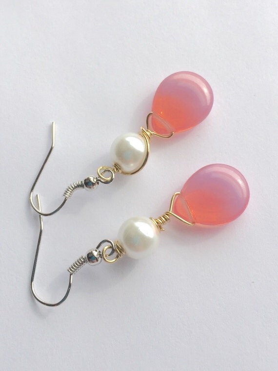 Pink dangle earrings glass drop earrings gold wire by JewelrybyJMS