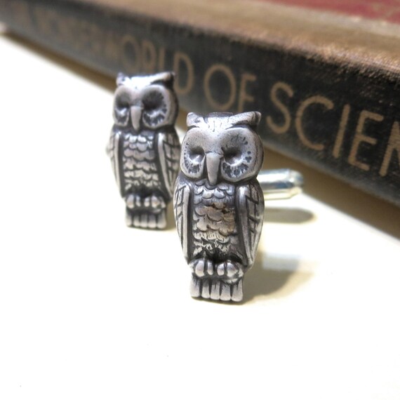 Antiqued Silver Owl Cuff Links Soldered Bird By Nitelilyglamour